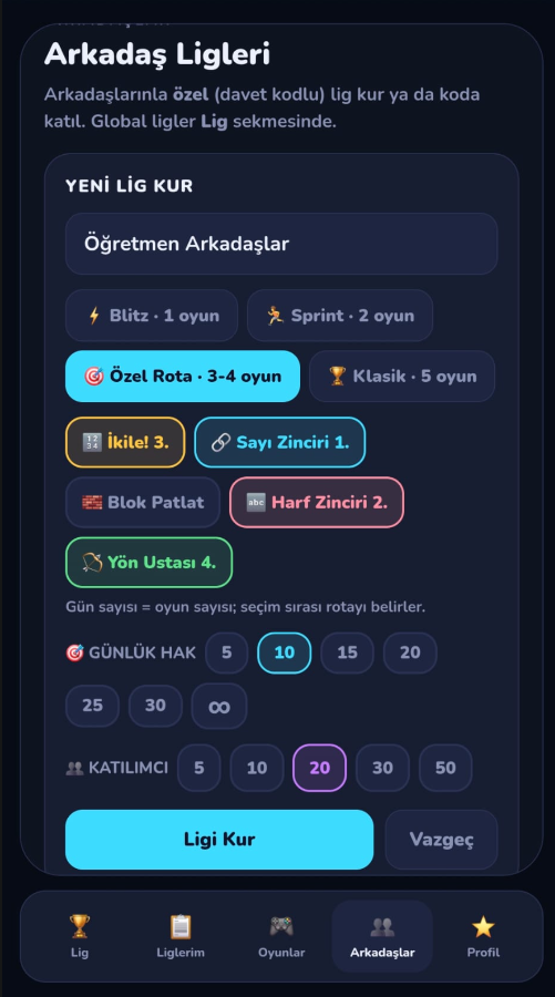 GameLig Friends lig ana ekranı
