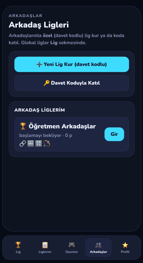 GameLig Friends günlük lig ekranı